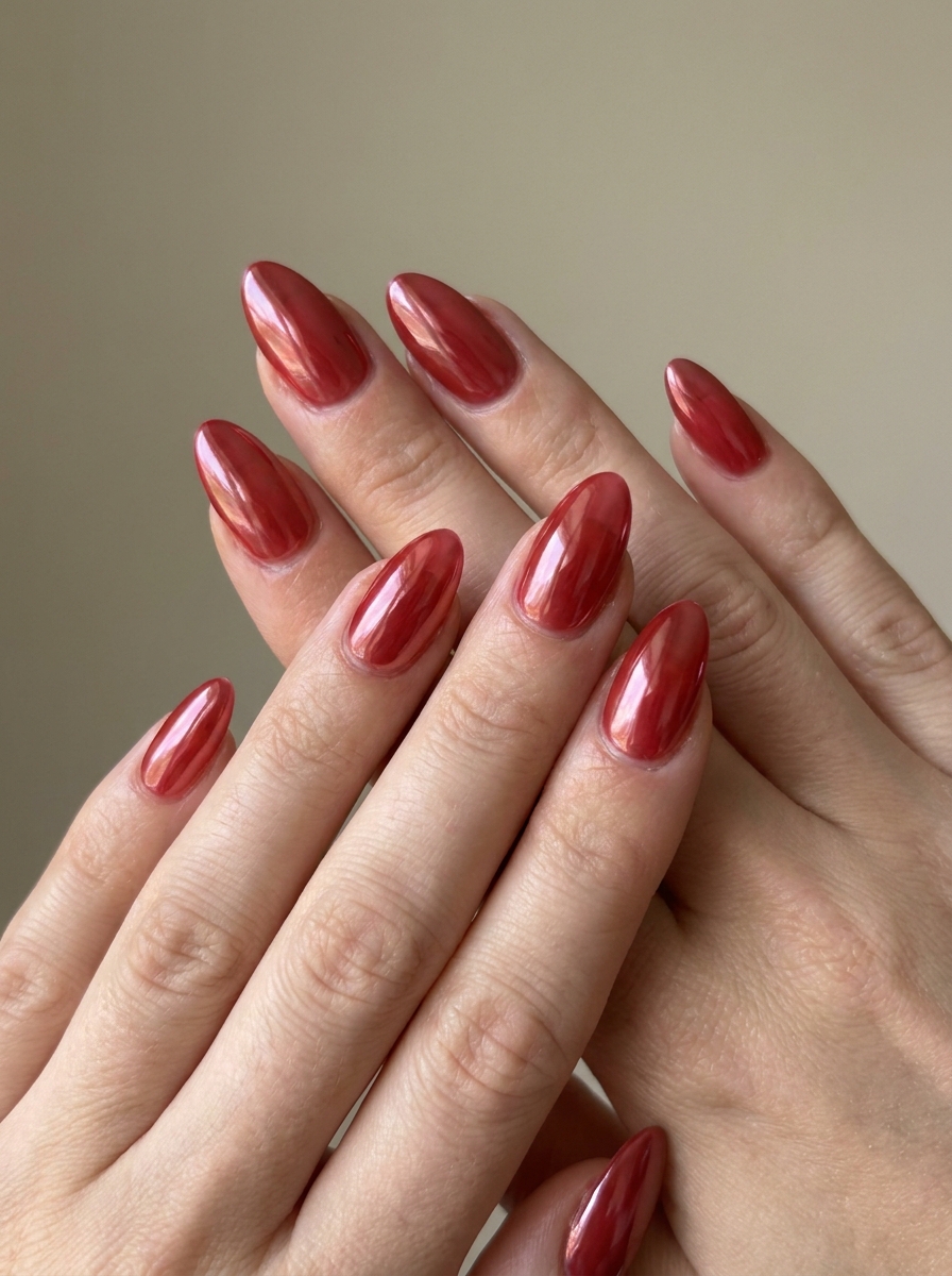 Glasige Rot Chrome Nägel mit transparent wirkendem Gloss